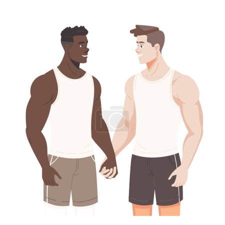 Two men holding hands, one African American wearing white tank top, Caucasian tank top black shorts, showing friendship. Both men smiling, conveying sense camaraderie understanding, illustration