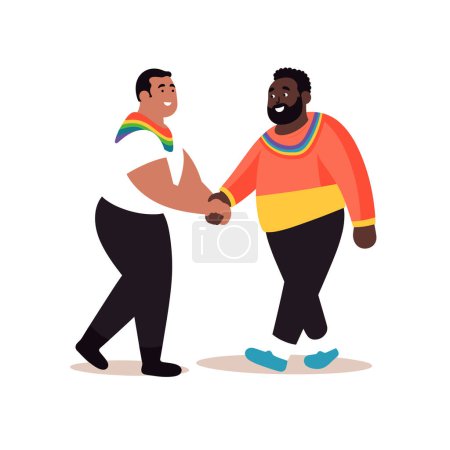 Two men engaging friendly handshake, one wearing rainbow scarf, Caucasian African descent, diverse friendship, casual attire, smiling faces, standing pose, LGBT ally, solidarity concept, clear
