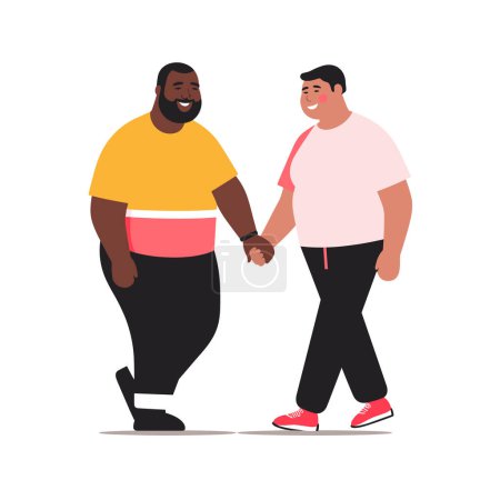 Two men walking together, smiling, holding hands, friendly gesture, casual clothing, diversity, friendship. Cartoon illustration happy male friends, diverse ethnicities, solidarity companionship