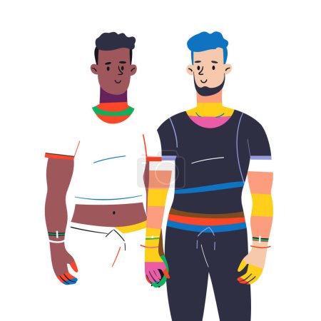 Two men standing together, one African one Caucasian, exhibiting contemporary fashion colorful streetwear. Illustration demonstrates diversity friendship through style posture. Characters sport