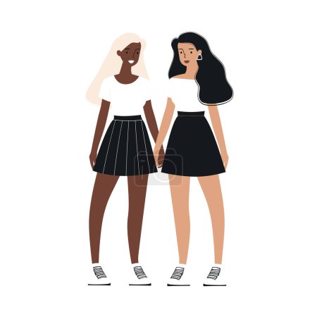 Two women holding hands, one African ethnicity Caucasian, wearing skirts sneakers. Friends showing unity, diverse races support, standing together casually dressed. Young adults showcase friendship