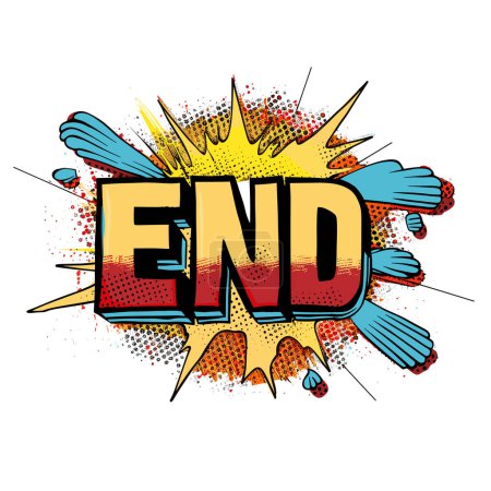 Comic book style explosion word END bold letters, vibrant colors, pop art design. Textured background splatters, dynamic effect, isolated white background. Graphic representation ending conclusion
