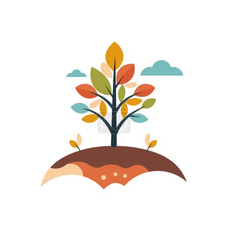 Colorido árbol estilizado vector ilustración aislado fondo blanco, hojas multicolores, otoño concepto gráfico. Diseño plano árbol naranja, amarillo, hojas azules, tronco marrón, sección transversal del suelo