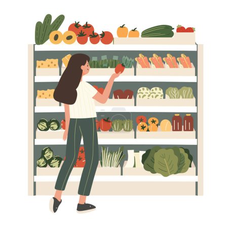 Téléchargez les photos : Jeune femme sélectionnant épicerie de poivrons frais. Acheteuse de légumes au supermarché. Vêtements décontractés, achats d'aliments sains - en image libre de droit
