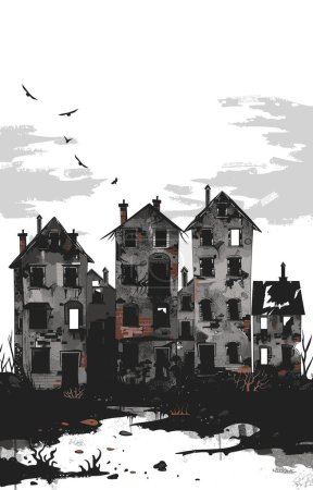 Grunge style abandoned houses broken windows dilapidated buildings urban decay concept. Black birds flying near desolate homes gloomy atmosphere monochrome palette. Artistic depiction ruined