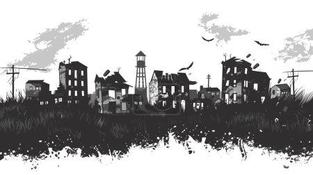 Black white abandoned town illustration, dilapidated buildings, eerie landscape. Silhouetted birds fly over desolate urban area, clouds dotting sky. Grunge effect splatter grass growth foreground
