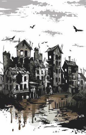 Gothic style abandoned cityscape illustration featuring dilapidated houses, eerie atmosphere, monotone colors. Haunting landscape art rundown urban neighborhood, dark sky, birds silhouette flying