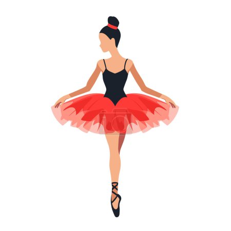 Female ballet dancer performing en pointe black leotard red tutu. Ballerina hair bun practices dance posing against isolated white background. Elegant stance young dancer, ballet attire