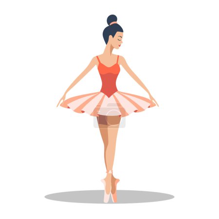 Téléchargez les illustrations : Femme danseuse de ballet se tient pointe, effectue la pose de ballet, ballerine pantoufles tutu corail pratique la danse. Ethnie asiatique ballerine, posture gracieuse, entraînement de danse, tenue vestimentaire. Isolé blanc - en licence libre de droit