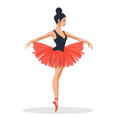 Elegant female ballet dancer performing black bodysuit red tutu. Ballerina stands en pointe gracefully balanced, displaying ballet dancing skill. Artistic illustration dance, showcasing solo
