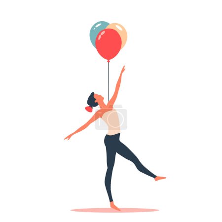 Anmutig tanzend erreichen junge Tänzerinnen bunte Luftballons. Frau schwarze Hose ärmelloses Top balanciert Eleganz Feier. Weibliche Figur genießt festlichen Moment Luftballons tanzen Leichtigkeit