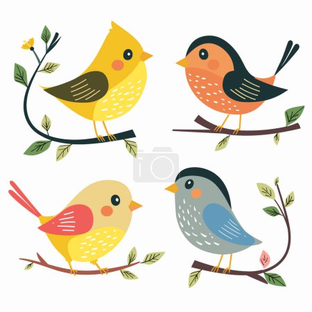Illustration for Cartoon birds perched branches, colorful feathers, cute avian characters. Four stylized songbirds illustration, naturethemed design, whimsical wildlife art. Vector birds, yellow blue orange, leaves - Royalty Free Image