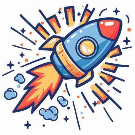 Bright cartoon rocket ship blasting off into space surrounded stars, clouds, speed lines indicating rapid movement. Colorful spacecraft design featuring primary blues, yellows, reds captures