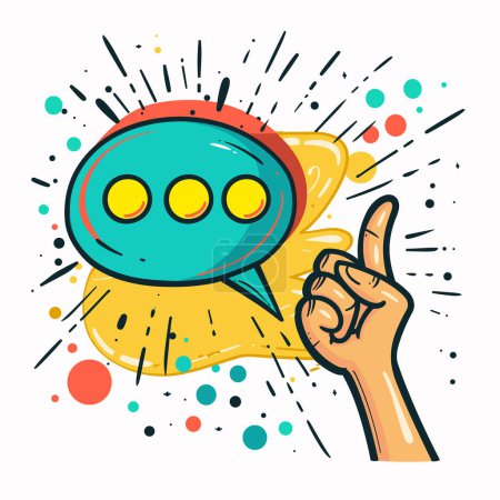 Hand pointing up thumbs up gesture speech bubble colorful dots accents dynamic background. Cartoon illustration hand gesture approval agree communication concept vibrant colors. Pop art style