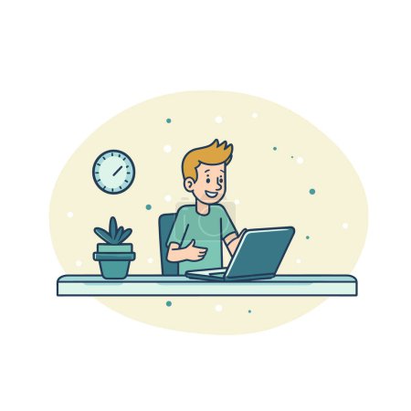 Young male cartoon character working laptop desk, smiling, professional environment. Office setting wall clock, potted plant, cheerful man using computer. Happy freelancer completing task home