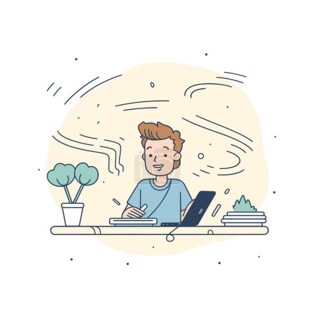 Young male cartoon character working home office, smiling, technology, comfortable. Casual attire, laptop, indoor plants, productivity, remote work, cheerful, light background Freelancer happily