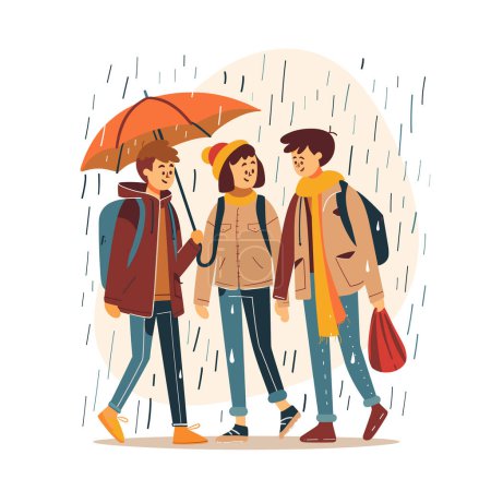 Three young adults sharing orange umbrella walking together during rainfall, friendship bond, casual autumn clothing. Smiling friends enjoying rainy weather, harmonious relationship, protective