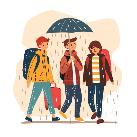 Illustration for Three young individuals walking under rain, one holding umbrella, cheerful despite wet weather. Group friends sharing umbrella, dressed casual jackets backpacks, enjoying rainy day together. Youth - Royalty Free Image