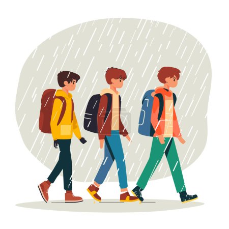 Three young students walking rain, friends carry backpacks wet weather, casual wear. Rainy day outdoor walk, male characters strolling downpour, youth urban scene. Illustration teenagers raincoats