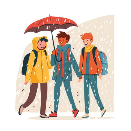 Three friends walking under rain sharing umbrella. Characters smiling, happy despite bad weather, showcasing friendship, comfort. Warmly dressed, rainy autumn day, cheerful mood, raindrops