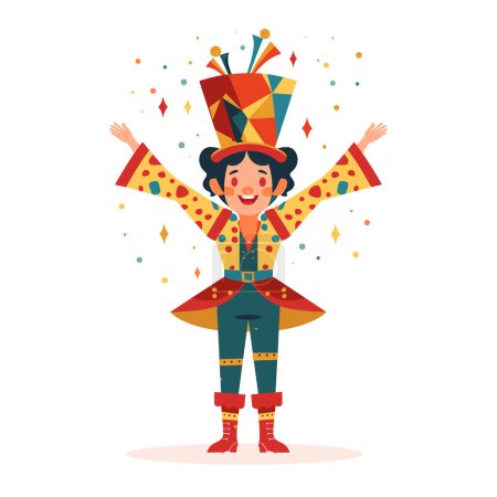 Illustration for Excited clown performing birthday party, arms raised, joyous expression. Carnival character sporting colorful costume, confetti surrounds, cheerful entertainment. Performer delights children - Royalty Free Image