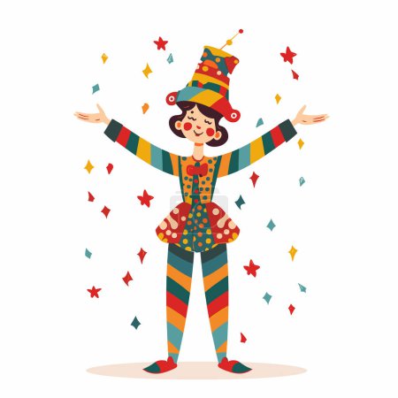 Téléchargez les photos : Femme clown costume coloré exécutant des confettis spectacle de cirque. Happy entertainer célébration performance dessin animé. mignon bouffon amusant public enfants fête amusant illustration - en image libre de droit