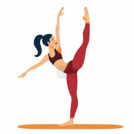 Female yoga practitioner performing standing split, fitness flexibility exercise. Woman yoga pose, demonstrating balance strength, burgundy attire. Elegantly balancing enthusiast, practicing Lord