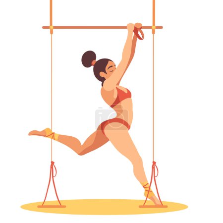 Ilustración de Mujer trapecista realizando gimnasia aro aéreo, vestido con traje rojo, artista de circo activo, pose elegante. Mujer talentosa circo acrobat entrenamiento lyra, deporte artístico, concentración - Imagen libre de derechos