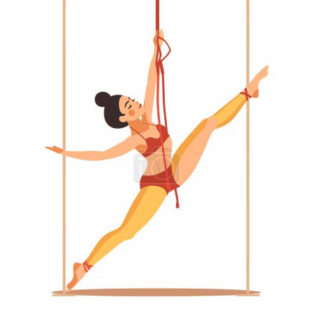 Akrobatin, die Seide aus der Luft vorführt und ihre Flexibilität demonstriert. Künstlerische Performer rot gelb Kostüm engagierte elegante Pose Stoff. Turnerin zeigt akrobatisches Können
