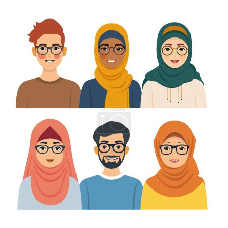 Young adults smiling, diverse ethnicities. Muslim women wearing hijabs, man glasses. Cheerful, colorful attire, friendly representation