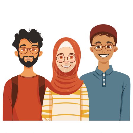Young diverse group smiling posing together. Middle Eastern woman hijab, two men casual wear glasses standing. Friendly multiethnic trio happy smiling students unity