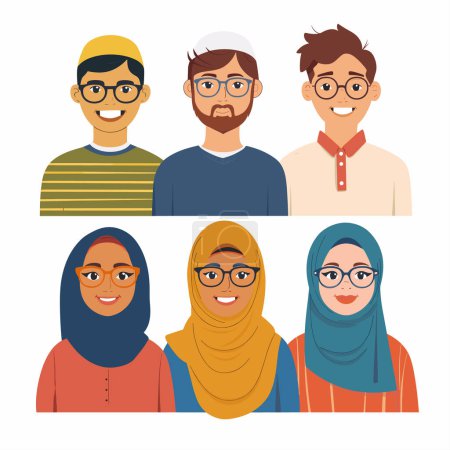 Diverse group six illustrated characters, three men three women smiling faces. Men appear youthful, casual attire, one cap, another beard glasses, third glasses. Women colorful