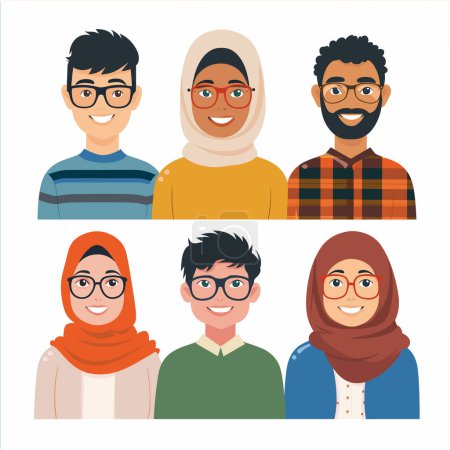 Diverse group cartoon characters smiling, Asian Middle Eastern ethnicity represented, three women wearing hijabs. Six avatars, three men women, modern casual dress, glasses, friendly faces, vector