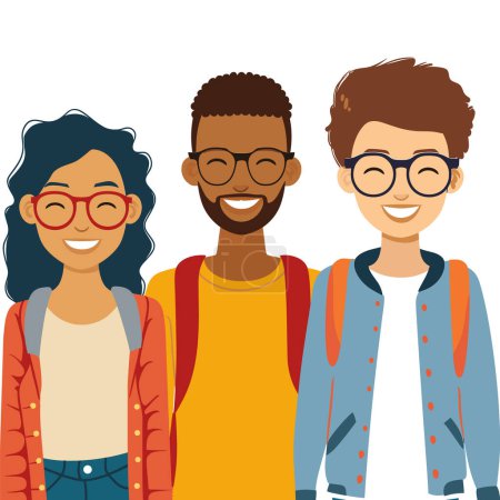 Illustration for Three young people smiling, friends together, casual fashion. Multiracial group, happy students, diverse ethnicities. Youth, cheerful expressions, standing, contemporary clothing, friendship, vector - Royalty Free Image