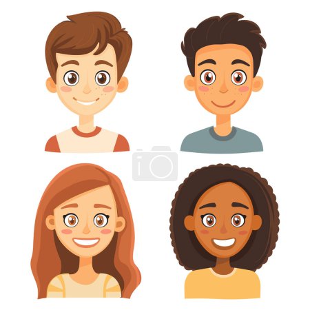 Four diverse cartoon children smiling joyfully, expressing happiness positivity. Group young, cheerful characters different ethnicities, hairstyles, complexions casual clothes. Cartoon kids