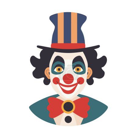 Cartoon clown character smiling, wearing striped top hat, red nose, red bow tie. Clown black curly hair, white face paint, colorful circus costume. Cheerful jester illustration, funny entertainer