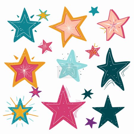 Collection colorful stars, various sizes shapes. Handdrawn style stars, vibrant colors, doodlelike details. Cartoon playful design, suitable childrens content decoration