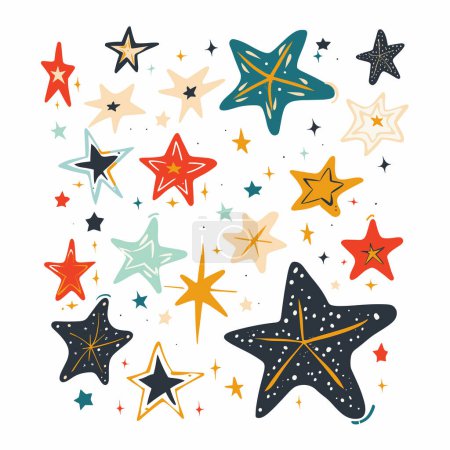 Illustration for Assortment handdrawn stars, various designs, scattered pattern. Cartoon stars colorful collection, doodle style, isolated white background. Celestial theme, star shapes graphics, decorative elements - Royalty Free Image