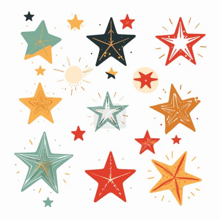 Collection colorful star illustrations displaying various patterns designs. Handdrawn style stars radiate charm, ideal decorative projects. Stars feature diverse colors, shapes, sparkles, evoking