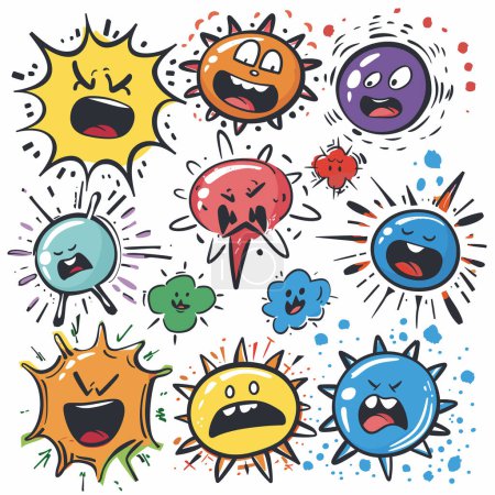 Several colorful cartoon bacteria germs viruses characters expressing various emotions, handdrawn style. Bright vivid playful microbes pathogens cartoonish doodle design, microbiology theme concept
