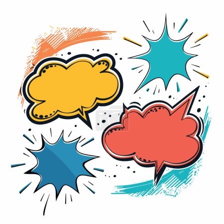 Colorful comic speech bubbles dynamic grunge background. Pop art style conversation balloons vibrant design. Graphic sound effects clouds illustration