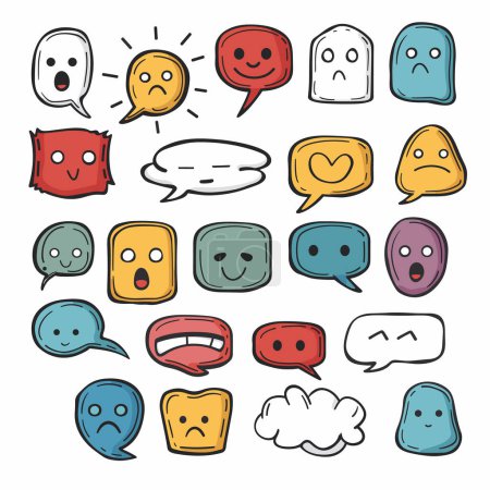 Collection cartoon speech bubbles expressive faces depicting various emotions. Handdrawn comic chat balloons diverse expressions emotions colorful design. Digital artwork multiple emoticon bubbles