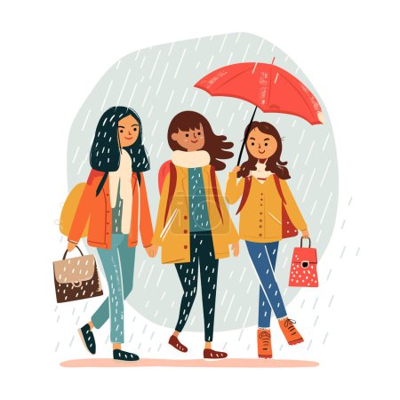 Tres mujeres caminan bajo la lluvia compartiendo paraguas rojo, expresando alegría, amistad. Diverso grupo femenino disfruta de días lluviosos, moda casual de otoño, bolsas de compras. Personajes animados sonriendo, uniéndose durante