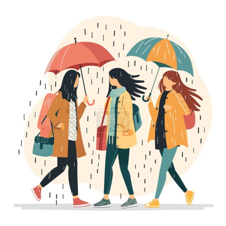 Tres mujeres caminando bajo paraguas durante la ducha de lluvia, usando abrigos, mostrando moda casual. Las amigas pasean juntas a pesar del clima húmedo, mostrando diversos colores de paraguas, otoño