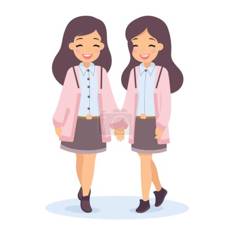 Téléchargez les illustrations : Asiatique jumelles souriant tenant la main joyeux étudiants heureux portant des uniformes. Sœurs identiques joyeux connecté concept d'unité. Écolières vestes roses chemises blanches jupes profiter de l'amitié - en licence libre de droit