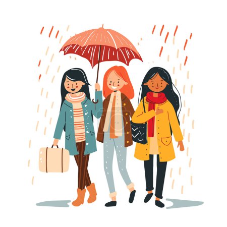 Three young women walking under one umbrella during autumn rain. Diverse female friends sharing umbrella, smiling despite weather, casual fall fashion. Girls coats, scarves, enjoying rainy stroll