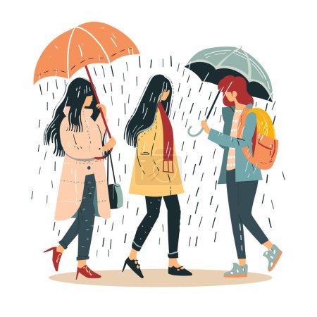 Téléchargez les illustrations : Trois femmes marchent ensemble sous la pluie, tenant des parapluies, conversant, portant des vêtements décontractés. Promenade entre amis journée pluvieuse, partage de parapluies, bavardage, météo, vie urbaine, tenue colorée, sacs à main - en licence libre de droit