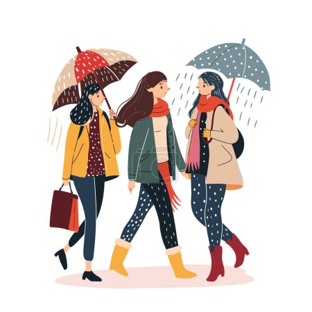 Ilustración de Tres mujeres caminan juntas durante las lluvias, dos con sombrillas, con elegantes botas de lluvia, conversando en medio de un clima húmedo. Señoritas pasean bajo protección contra la lluvia, demostrando moda - Imagen libre de derechos