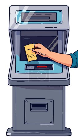 Person using ATM machine, inserting debit card into ATM slot. Hand holding card, banking terminal, secure transaction. Financial illustration, withdrawing cash, electronic banking