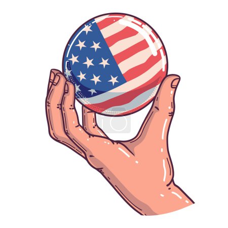 Hand holding American flag sphere, patriotic symbol, United States pride. Illustrated hand grips USA flag ball, concept American unity strength. Detailed drawing globe representing national support
